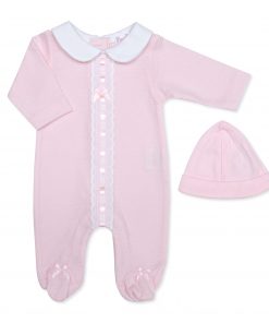 Girls Pink Lace and Bow Sleepsuit