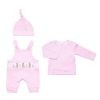 Girls Pink Bunny Outfit with Candy stripped knotted beanie hat. Dungarees with candy stripped long sleeve top.  Embroidered detail on the dungarees and press stud fastening. 