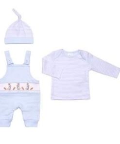 Boys Blue Bunny Outfit with Candy stripped knotted beanie hat. Dungarees with candy stripped long sleeve top.  Embroidered detail on the dungarees and press stud fastening. 